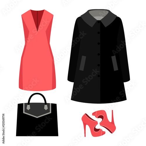 Set of trendy women's clothes with coat, dress and accessories