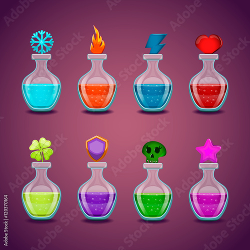 Big set bottles with different potions
