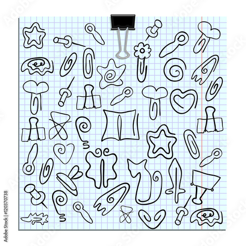 set of paper clips of various shapes. Back to school. Vector illustration a sheet pinned with doodle paper clips in the form of leaves, flowers and stars, rocket, cats, books, hedgehog