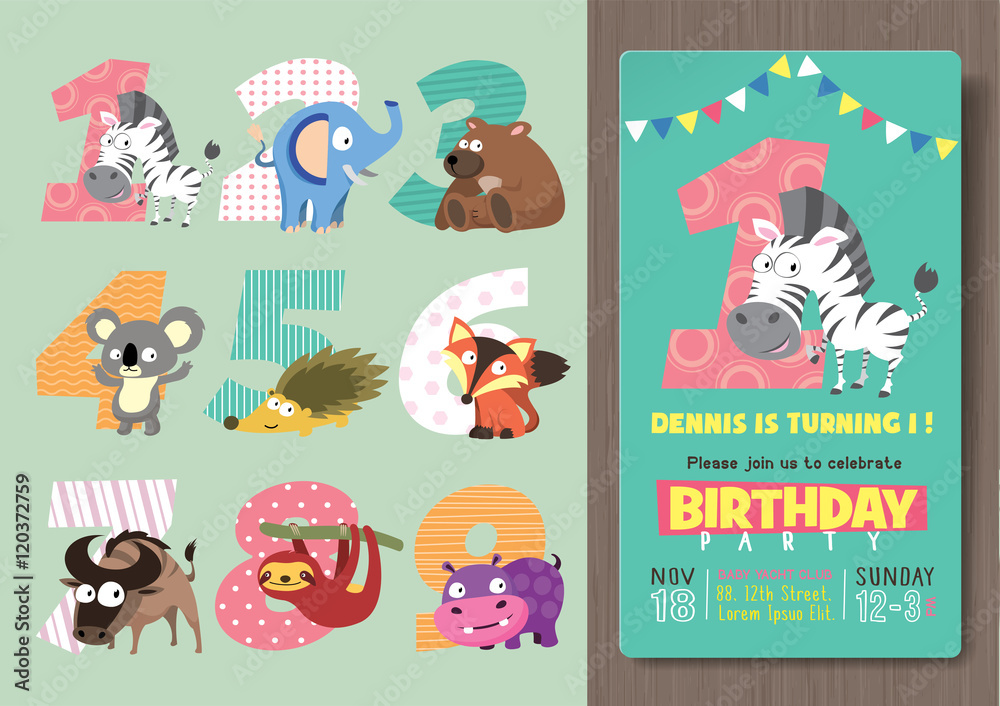 Fototapeta premium Birthday Party Invitation Template with Numbers and Funny Animal Characters