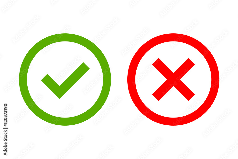 Vetor de Tick and cross signs. Green checkmark OK and red X icons, isolated  on white background. Simple marks graphic design. Circle shape symbols YES  and NO button for vote, decision, web.