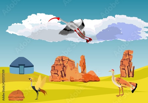 Crane bird flying above asian typical landcape, vector illustration