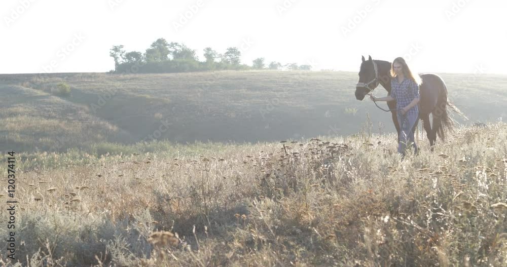 Woman lead horse walking field sunrise cowgirl countryside Woman lead horse walking field sunrise cowgirl countryside