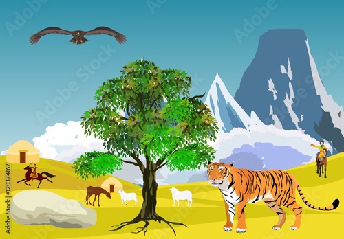 Central Asian turan tiger, kazakh nomad dwellings on background, vector illustration