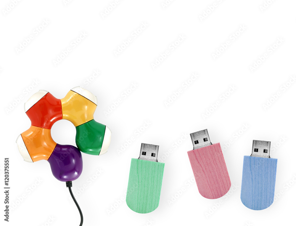 colorful wood usb flash drive and usb hub like flower isolated on white  background, pastel color