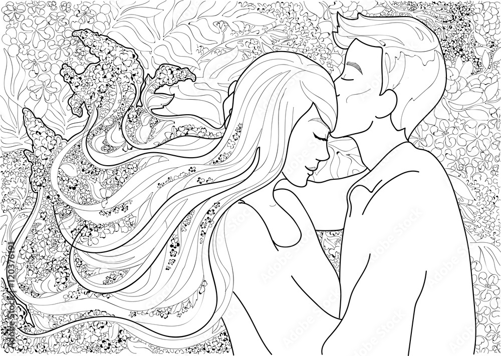 vector beautiful young couple in love , boy kissing a girl on the forehead , the girl blossoms