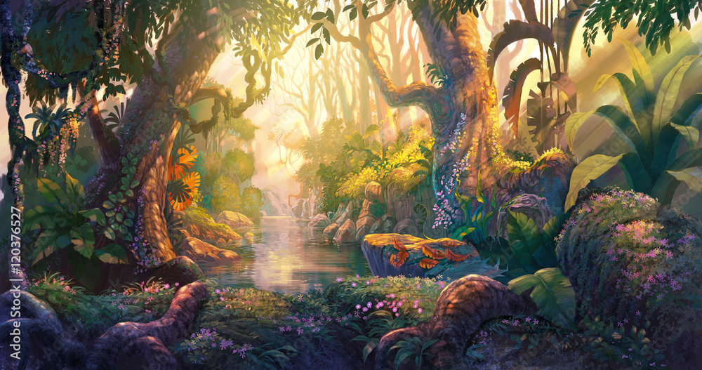 Sunset in fantasy forest - obrazy, fototapety, plakaty 