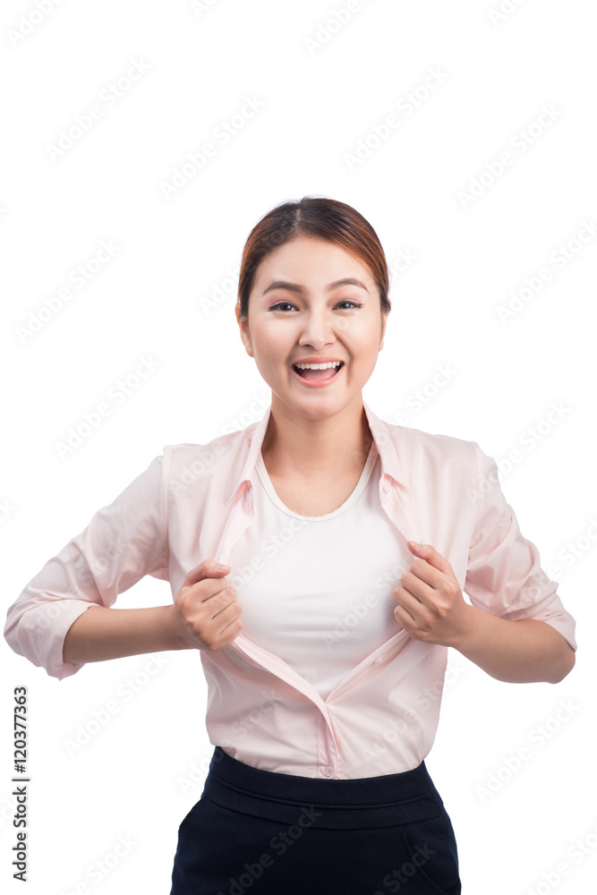 Young pretty asian woman opening her shirt like a superhero isol Young pretty asian woman opening her shirt like a superhero isol