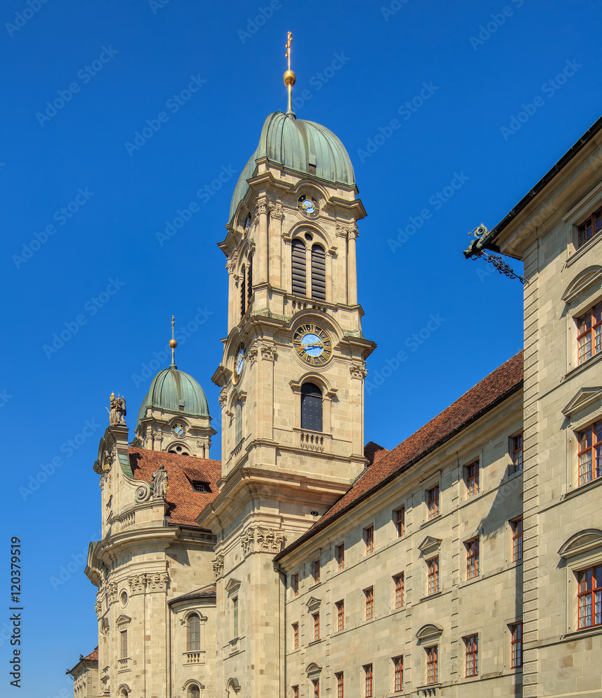 Clock tower of the Einsiedeln Abbey in the town of Einsiedeln, Switzerland