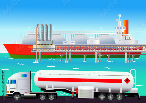 LNG terminal, with tanker and truck. Vector illustration