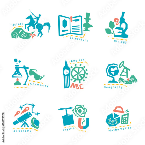 Set with school subjects icons for design. Vector