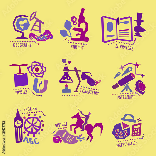 Set with school subjects icons for design. Vector