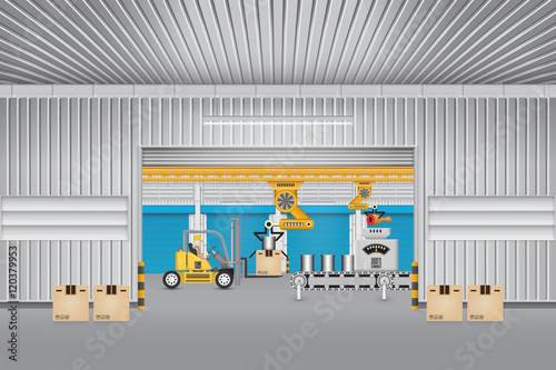 Vector of manufacturing production or food process industry with box, can, raw or meat and automated machine i.e. conveyor belt, production line, robot inside factory plant. Include forklift, worker.