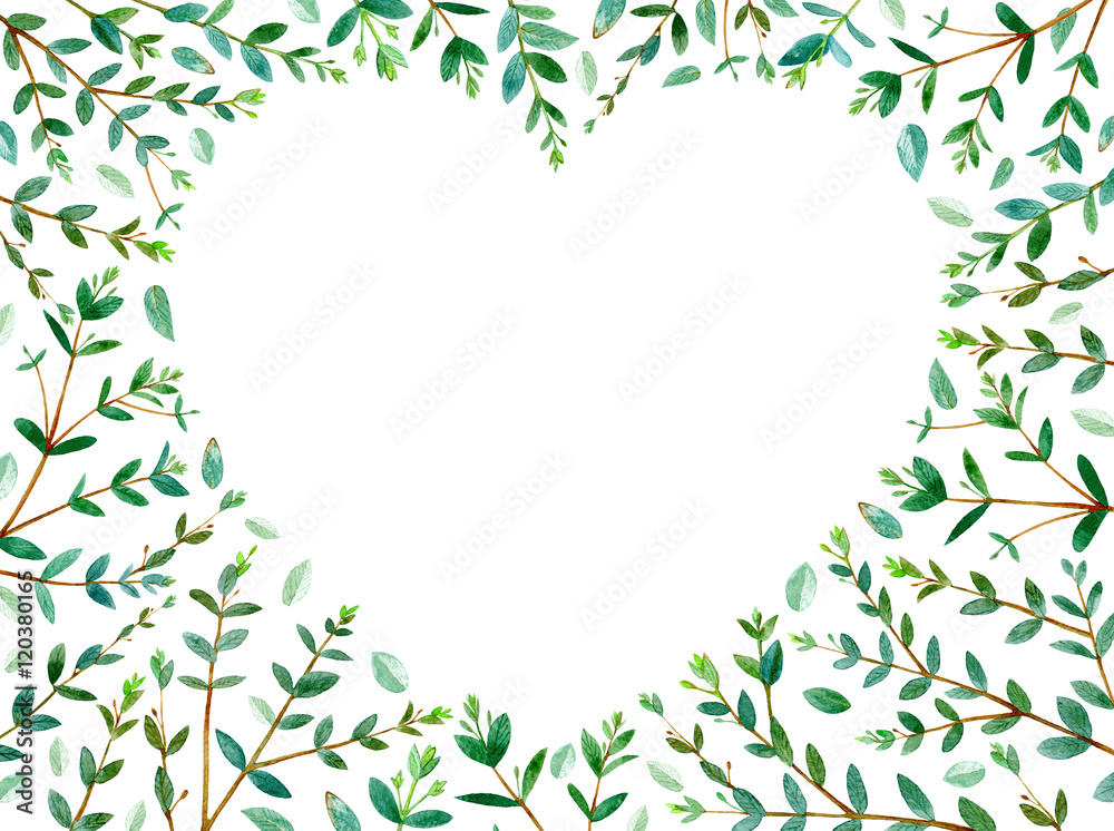 frame of heart with eucalyptus branches.green floral border.watercolor hand drawn illustration.