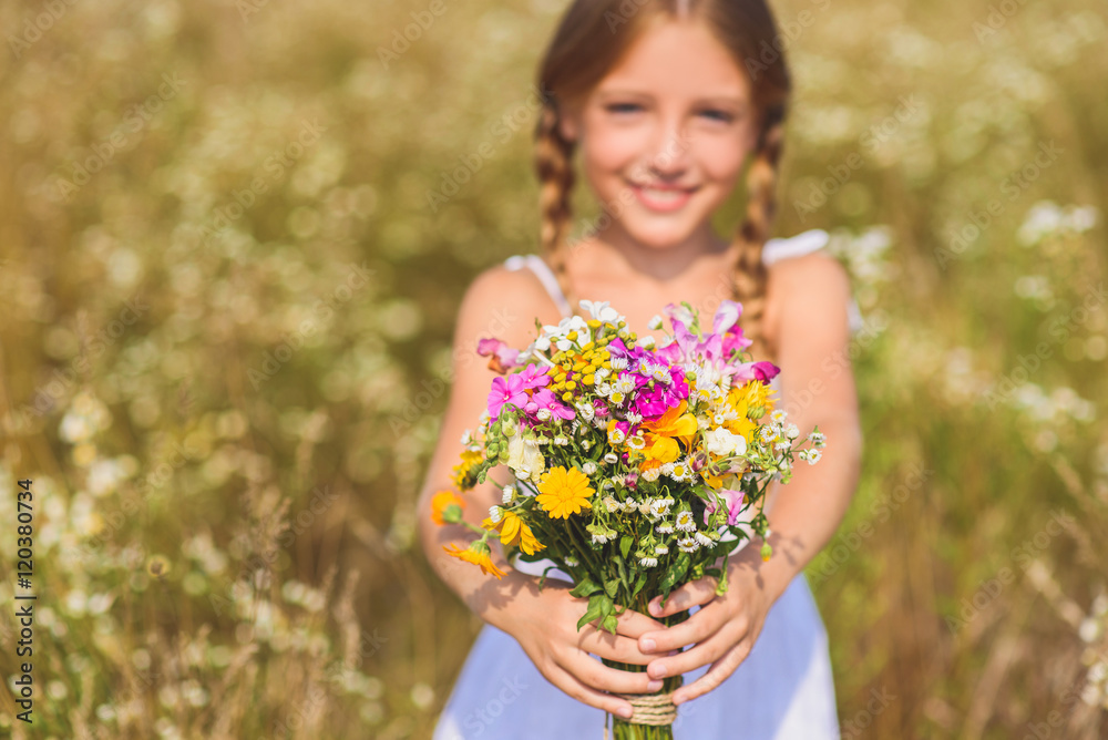Happy female child prepared wonderful gift Happy female child prepared wonderful gift