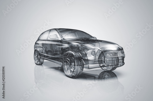 Transparentes, durchsichtiges Auto: 3D-Illustration