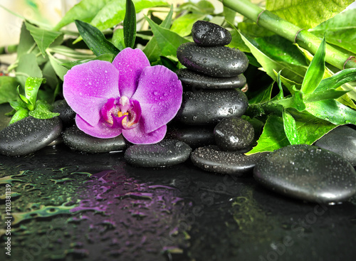 Fototapeta Naklejka Na Ścianę i Meble -  Spa concept with zen stones, orchid flower and bamboo