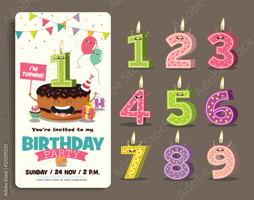 Canvas Print Birthday Anniversary Numbers Candle with Funny Character & Birthday Party Invita