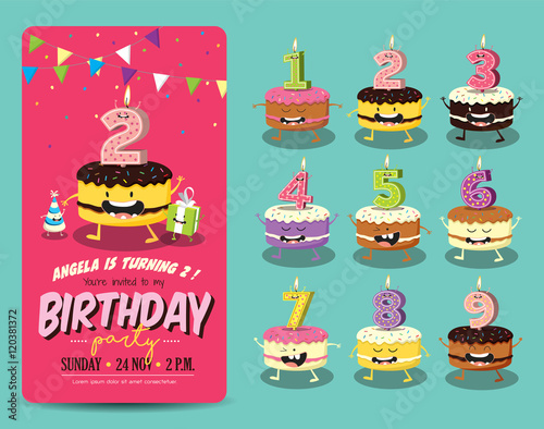 Birthday Anniversary Numbers Candle with Funny Character & Birthday Party Invitation Card Template