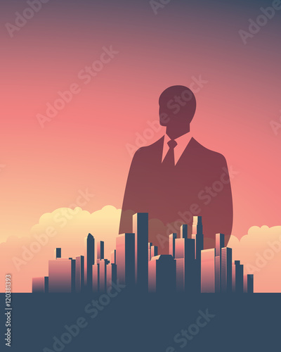 Urban skyline cityscape with businessman standing over. Double exposure vector illustration landscape background. Vertical portrait orientation.