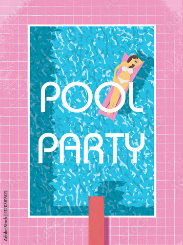 Pool party poster template with sexy woman in bikini sunbathing. 80s retro vintage style vector illustration.