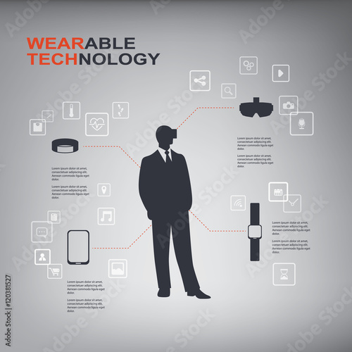 Wearable technology concept vector infographics with smart devices such as smartwatch, virtual reality, fitness tracker and smartphone.
