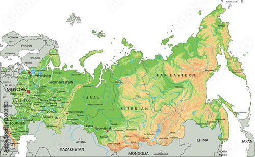 High detailed Russia physical map with labeling.