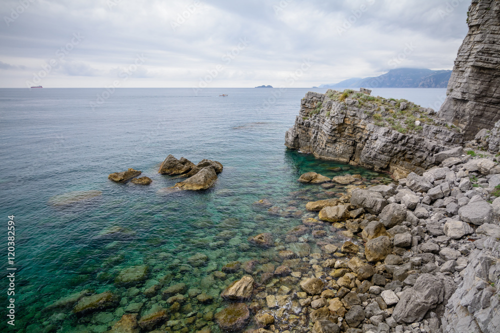 Horizontal view of rocky coast. Long exposure shot with beautifu