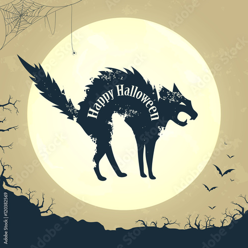 Vector Illustration of a Happy Halloween Design with Scary Cat and Full Moon