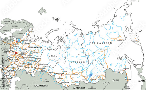 High detailed Russia road map with labeling.