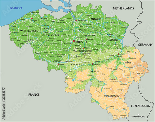 High detailed Belgium physical map with labeling.