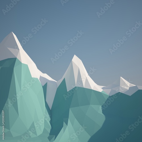 Abstract low poly background winter ice mountain . Early morning sunny illustration with blue sky .