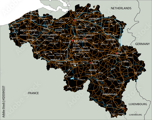 High detailed Belgium road map with labeling.