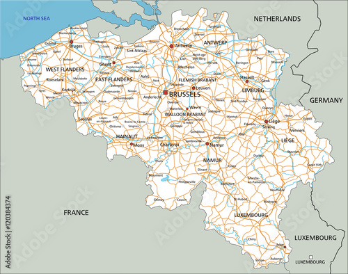 High detailed Belgium road map with labeling.
