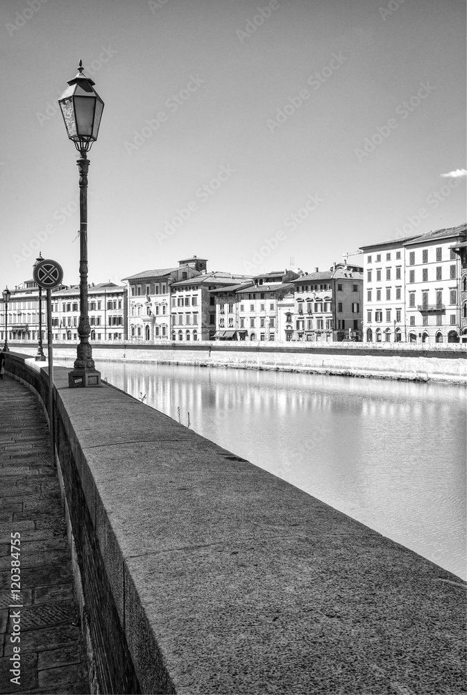 Pisa, Lungarno alleys. Black and white photo