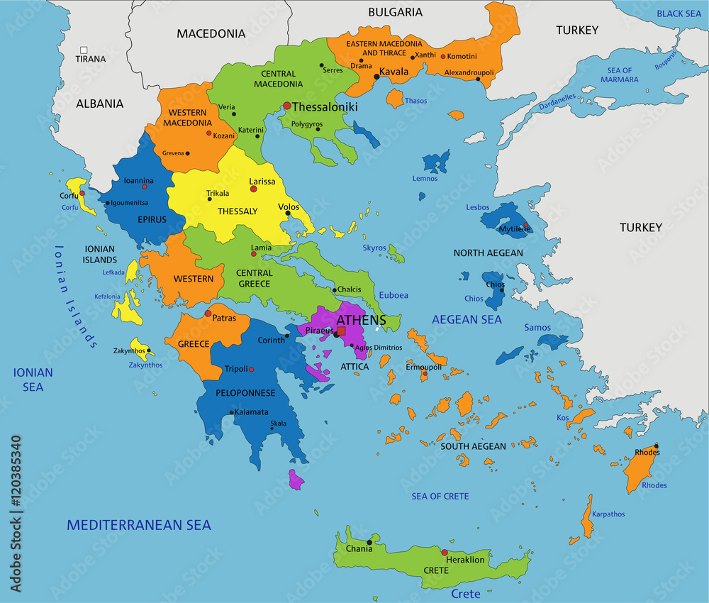 Przedstaw Sytuację Polityczną W Grecji Po Wojnie Peloponeskiej Vecteur Stock Colorful Greece political map with clearly labeled