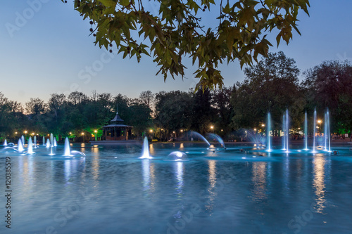 Amazing Sunset over Singing Fountains in City of Plovdiv, Bulgaria Tsar Simeon Garden
