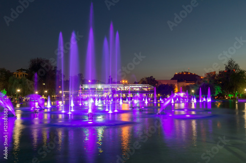 Night view of Singing Fountains in City of Plovdiv, Bulgaria