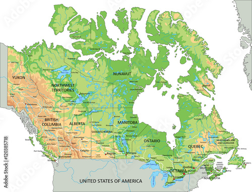High detailed Canada physical map with labeling.