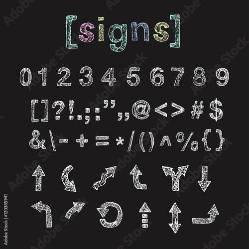 Chalk numbers, signs, punctuation marks, arrows.