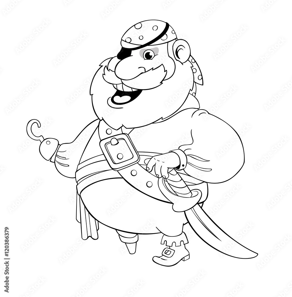 Old pirate with wooden foot and hook. Vector illustration. Contour drawing.
