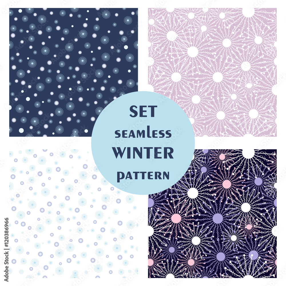 Set of seamless vector patterns. Seasonal winter different background with snowflakes. Graphic illustration. Series of sets of vector seamless patterns.