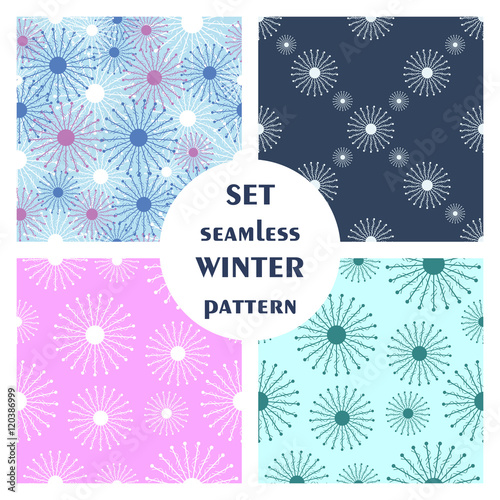 Set of seamless vector patterns. Seasonal winter different background with snowflakes. Graphic illustration. Series of sets of vector seamless patterns.