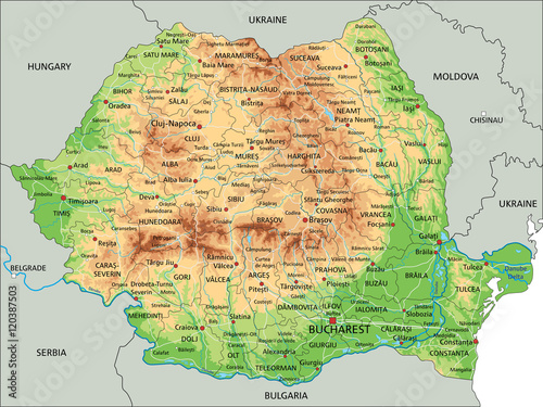 High detailed Romania physical map with labeling.