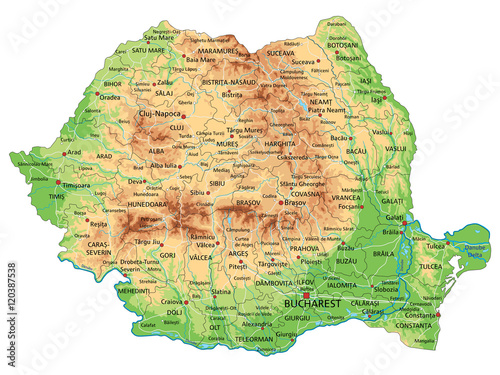 Obraz na plátně High detailed Romania physical map with labeling.