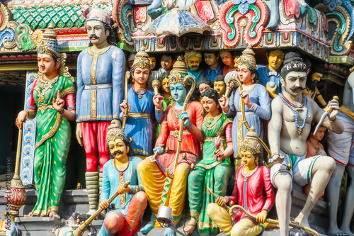 Carved figures at the Sri Mariamman Temple, the oldest Hindu Temple is dating back to 1827. Chinatown, Singapore
