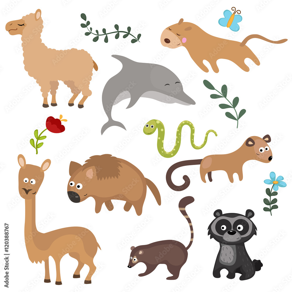 Vector set of different animals of South America.