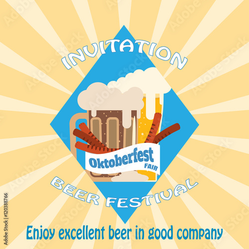 Vector poster of Oktoberfest fair with free mug and goblet of beer on the blue rhombus background.