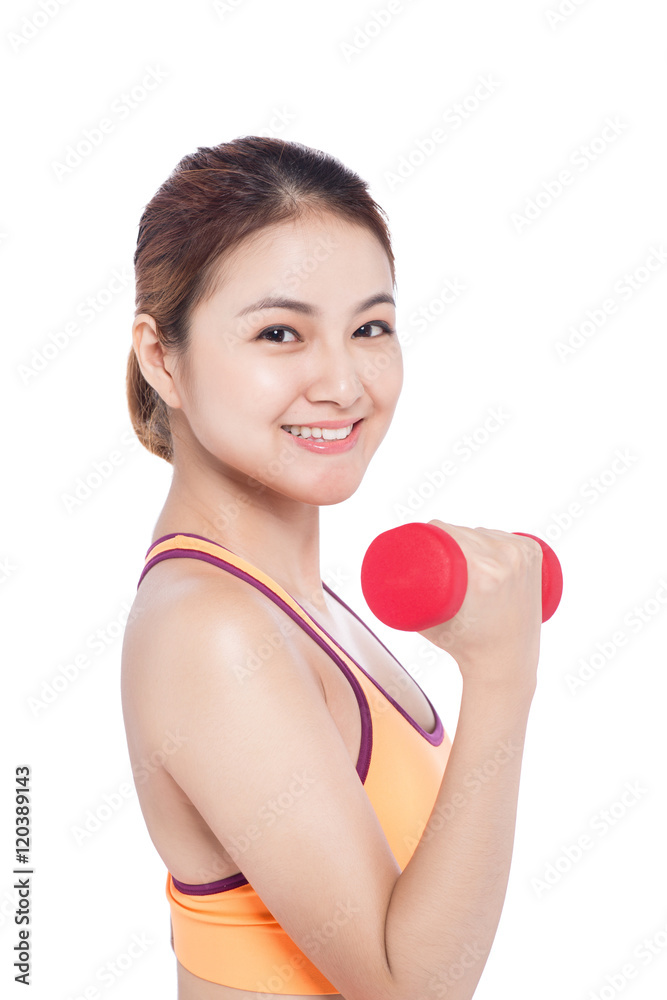 Young fitness asian woman with dumbbell. Isolated on white. Young fitness asian woman with dumbbell. Isolated on white.