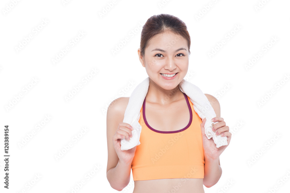 Portrait of fitness young asian woman with towel on White. Portrait of fitness young asian woman with towel on White.